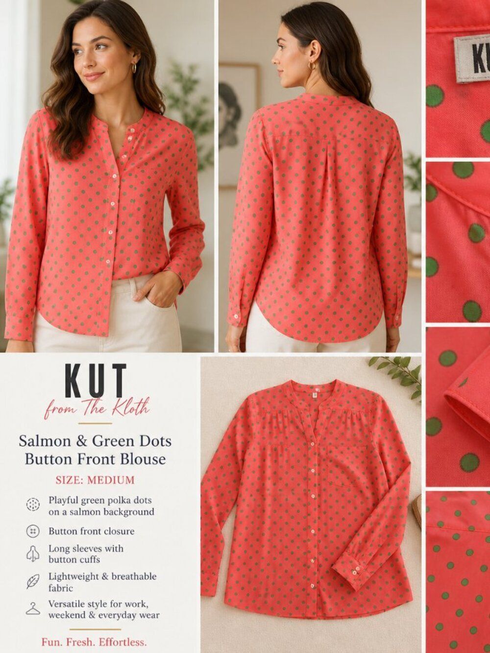 Kut from the Kloth Salmon Green Polka Dot Blouse Button Front Size M